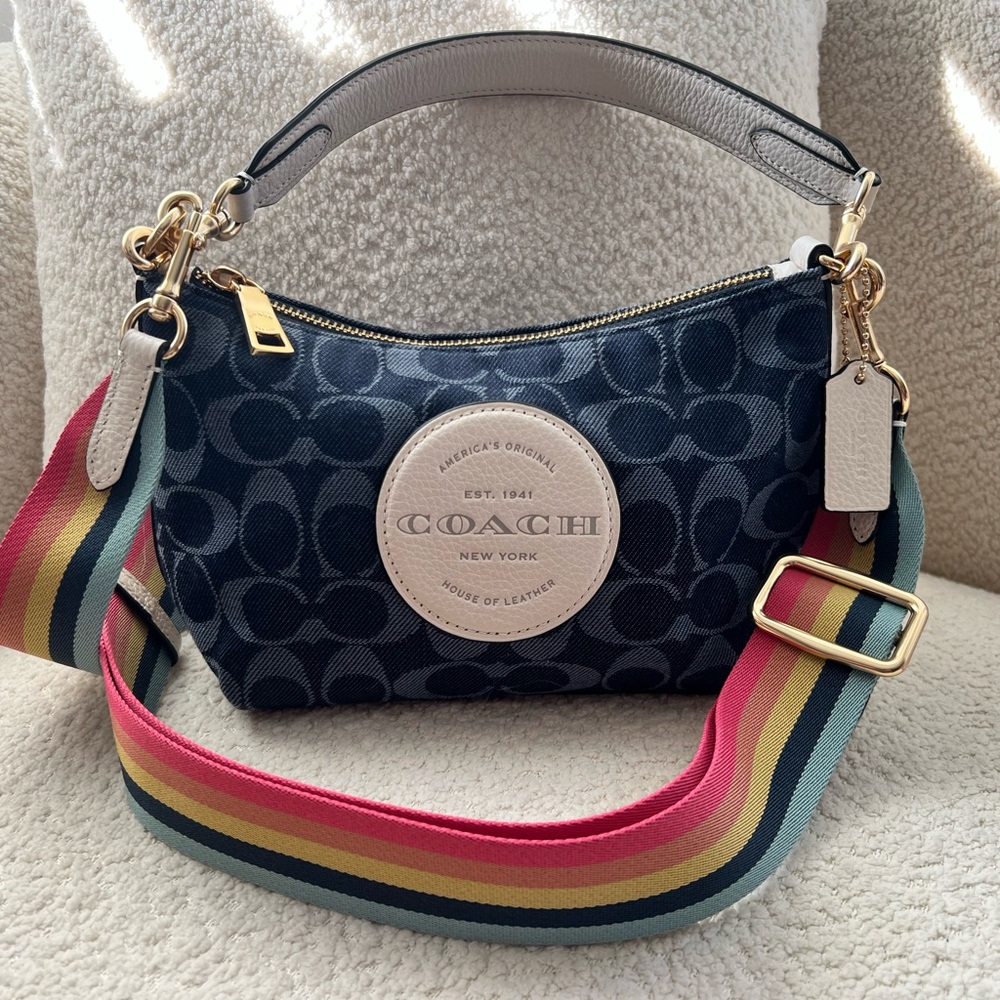 Coach Dempsey Shoulder Bag Signature Jacquard Blue Denim & Rainbow Strap